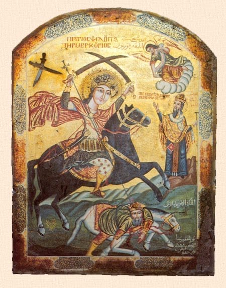 An icon of Saint Mercurius on horseback in battle wielding his two swords and smiting Julian the Apostate with his spear